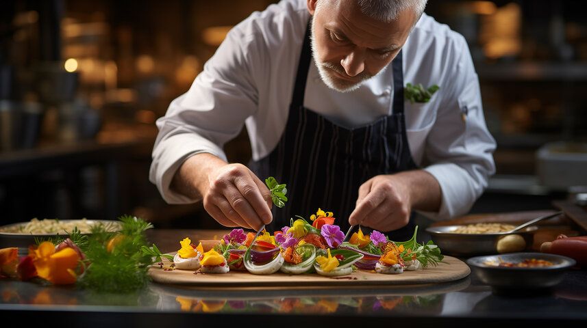 A close-up of a beautifully plated dish with edible flowers.