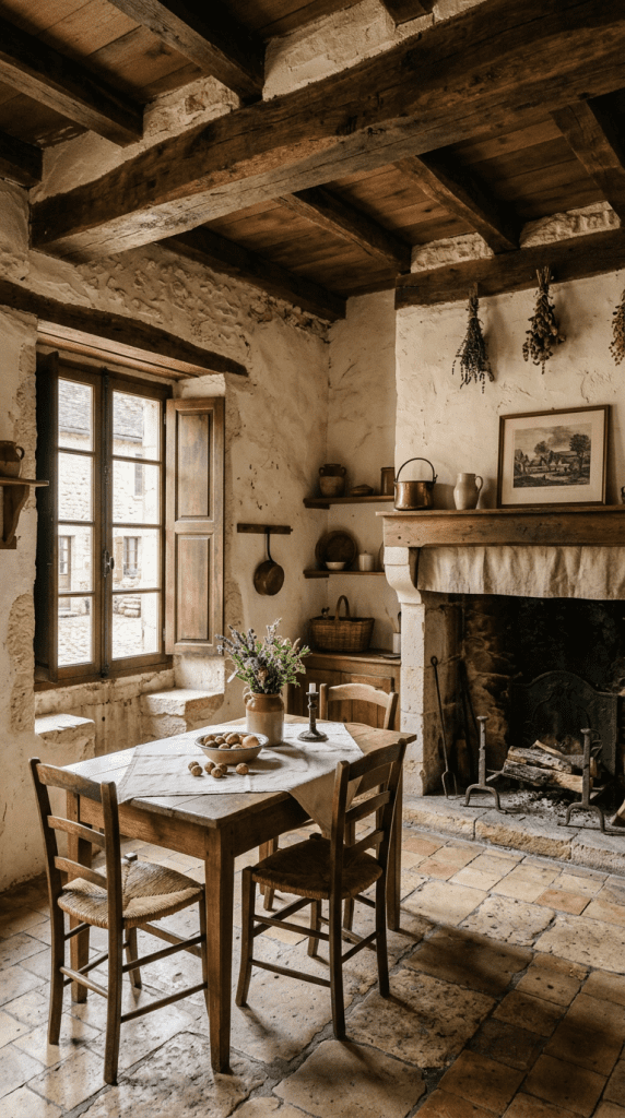 Authentic interior of one of the many Dordogne houses featuring a stone fireplace, dark wooden beams, and a traditional French dining table